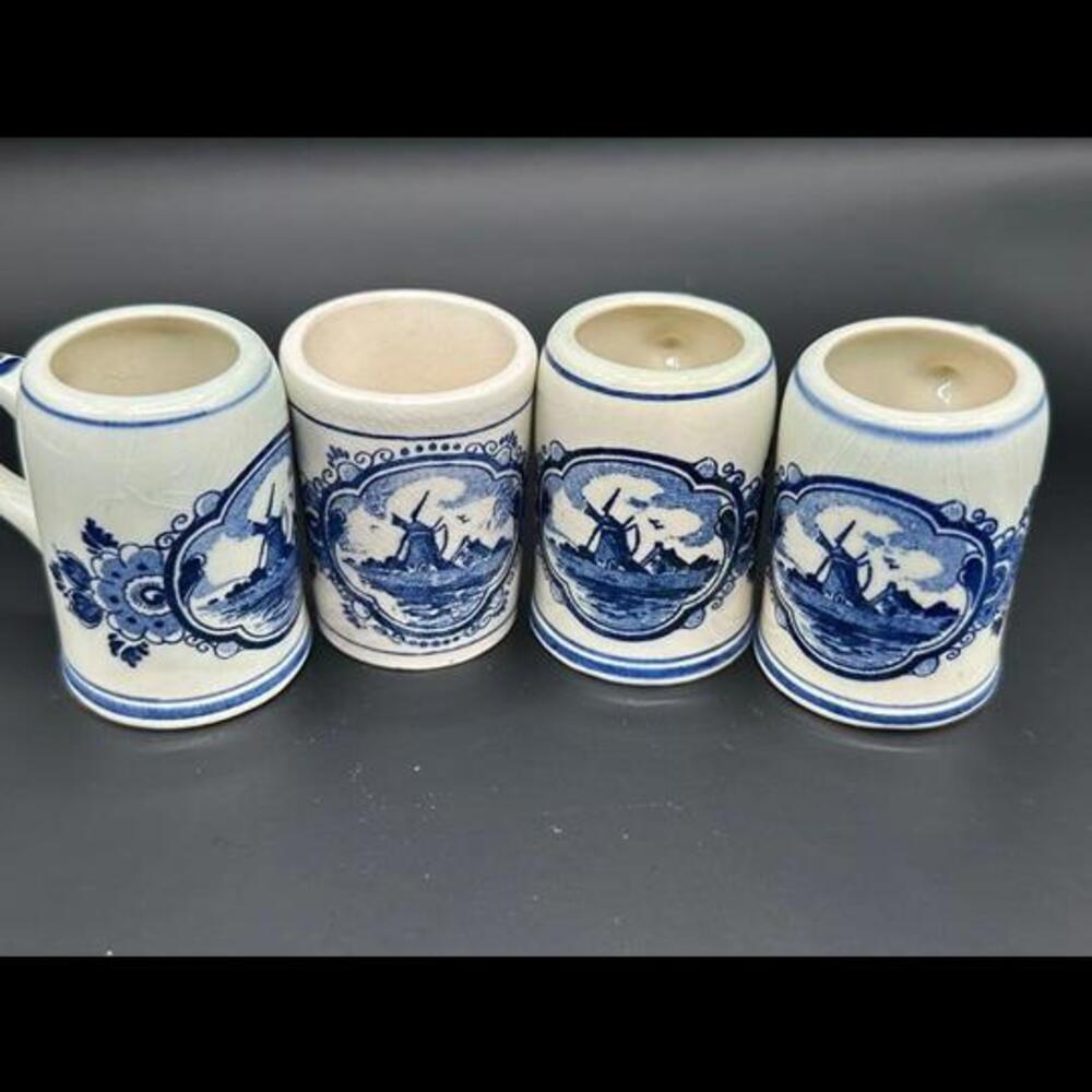 Set of 4 Hand-Painted Delft Holland Miniature Mugs with Windmill Design